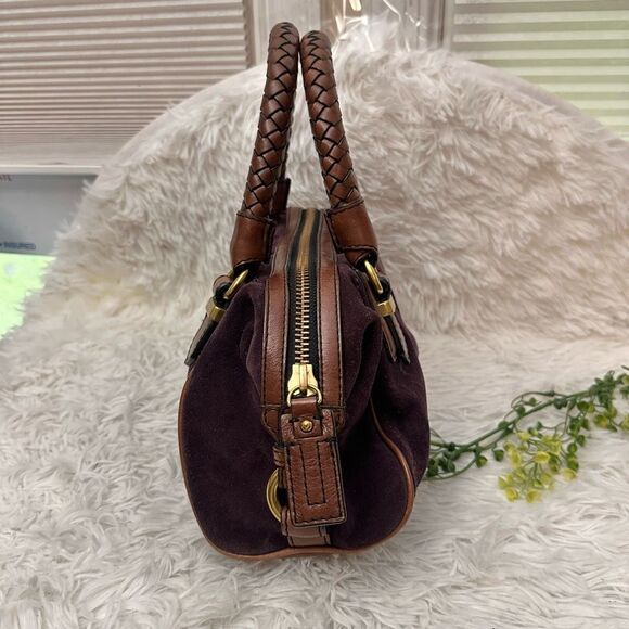 BANANA REPUBLIC Purple Suede Braided Leather Handle Zip Top Satchel Hand Bag - Picture 2 of 10